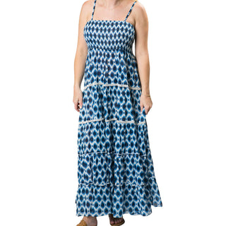 Ocean Ripple Blue strappy smocked tiered maxi dress