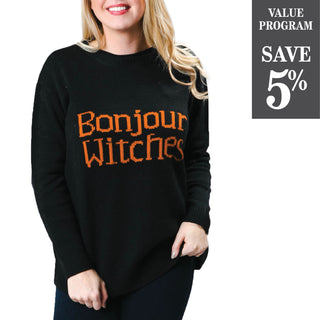 Assortment of Pippa Pullover in black with Bonjour Witches in orange 