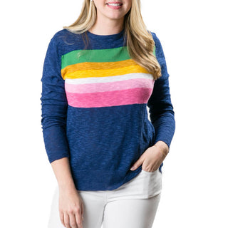 Blue with Rainbow Striped Crewneck Sweater