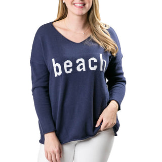 Navy v-neck sweater with white Beach block letters