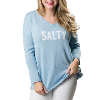 light blue v-neck sweater with SALTY in white block letters