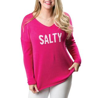 Pink v-neck sweater with Salty in white block letters