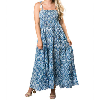 Blue strappy smocked top tiered maxi dress