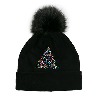 Black Pom Pom Hat with Bejeweled Christmas Tree