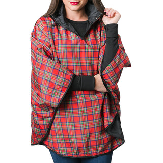 Red Tartan Plaid and Black Reversible Rain Poncho with a Hood and Zipper Pocket