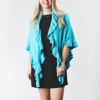 Pool Blue 100% cotton one size wrap with ruffle detailing over black dress