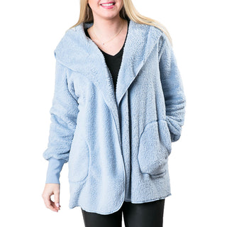 light blue sherpa wrap jacket with pockets and hood