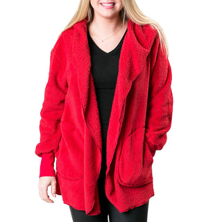 red sherpa wrap jacket with pockets and hood