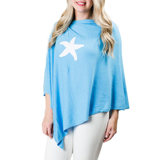 Blue One Size Poncho with Cable Knit White Star
