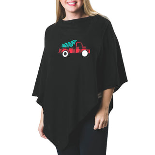 Black poncho with red and black check truck and christmas tree