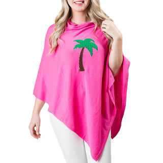 Pink One Size Poncho with Cable Knit Palm Tree