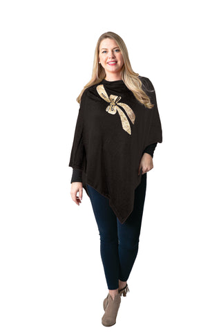 BLACK PONCHO WITH GOLD SEQUINS BOW