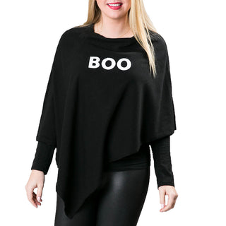 Black poncho with BOO in white cable knit letters 