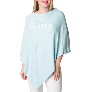 Light Blue One Size Poncho with white embroidered script vacay