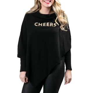 black knit poncho with CHEERS in gold sequins