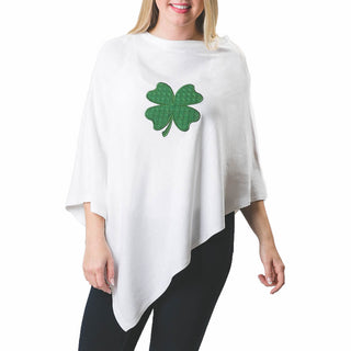 White One Size Poncho with green cable knit shamrock