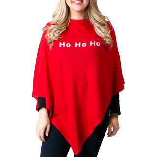 Red knit poncho with Ho Ho Ho in white sequins