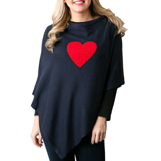 Navy Blue One Size Poncho with red cable knit heart