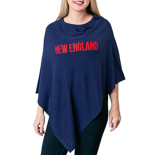 navy knit poncho with NEW ENGLAND in red embroidery