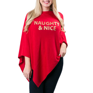 Red poncho with Naughty & Nice in gold sequins 