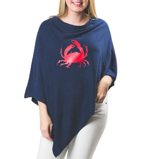 Navy Blue One Size Poncho with red faux leather crab