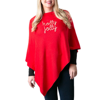 Red poncho with holly jolly in gold embroidery