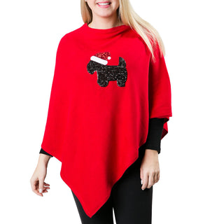 scottie dog with santa hat in sequins on red knit poncho 