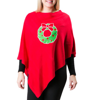 red knit poncho shawl with green christmas wreath