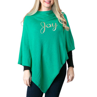 Green knit poncho with Joy in gold sequins