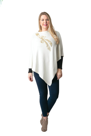 WINTER WHITE PONCHO WITH GOLD SEQUINS BOW