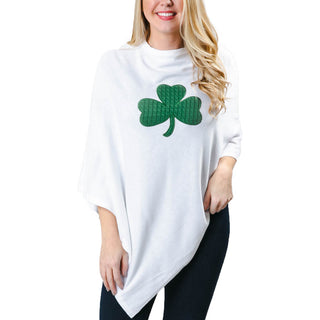 White poncho with green cable knit shamrock 