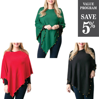 assortment of Jingle Bell Ponchos in three color