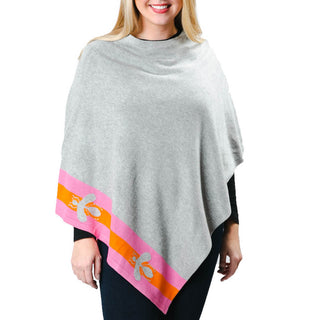 gray poncho with trim of bees on pink and orange stripes