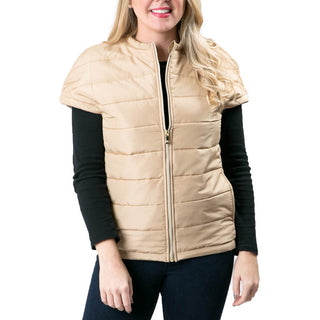 Camel short sleeve puffer vest with zipper front and pockets.