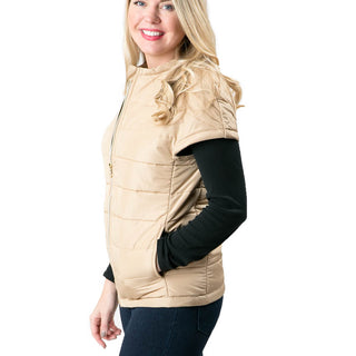Camel puffer vest with 1/4 sleeves from side view