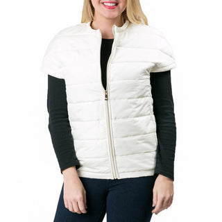 Cream short sleeve puffer vest with zipper front and pockets.