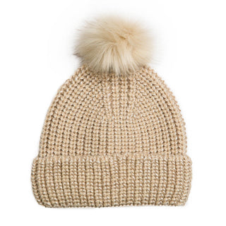 Camel knit hat with coordinating pom pom.