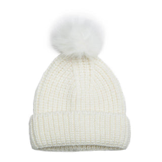 Cream knit hat with coordinating pom pom.