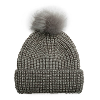 Gray knit hat with coordinating pom pom.