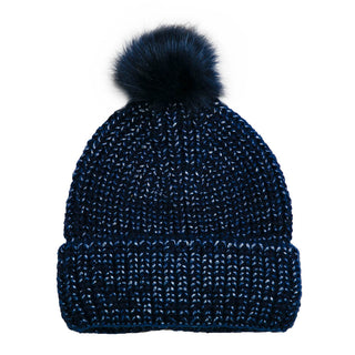 Navy knit hat with coordinating pom pom.