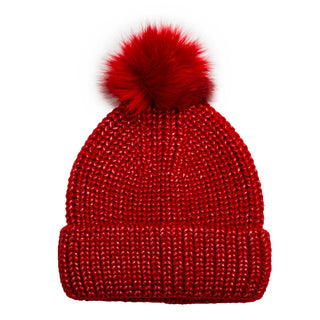 Red knit hat with coordinating pom pom.