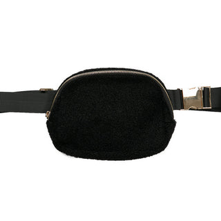 black  plush crossbody bag with matching strap
