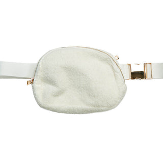 white  plush crossbody bag with matching strap