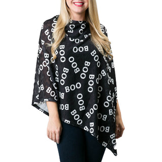 Emily poncho with BOO printed on black poncho