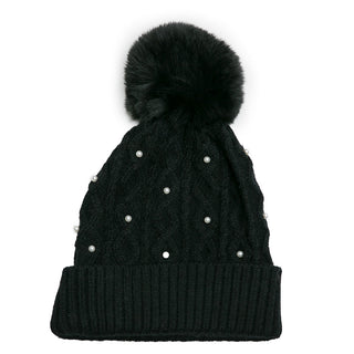 Black Cable Knit Pom Pom Beanie Hat with Pearl Detailing