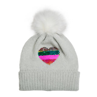 Gray Pom Pom Hat with Rainbow Sequin Heart