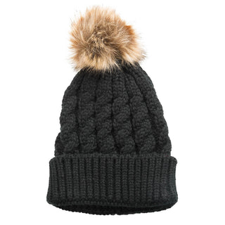 Black cable knit hat with faux fur pom pom