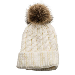 cream cable knit hat with faux fur pom pom