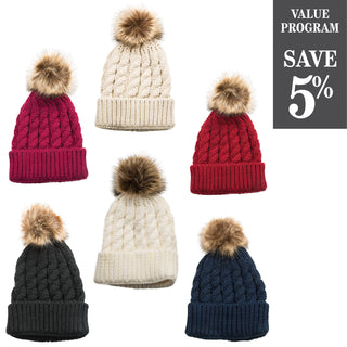 assortment of  6 colors of cable knit winter hats with pom poms
