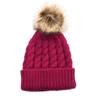 raspberry cable knit hat with faux fur pom pom